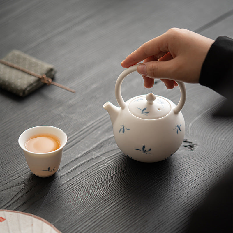 Muxue White | Hand-painted Autumn Water Orchid | Carrying Handle Teapot