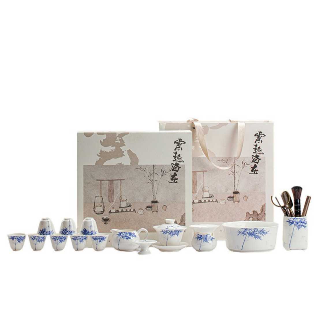 Rising Clouds Freedom | Hand-painted Blue and White Bamboo Home Tea Set | Gongfu Tea Set