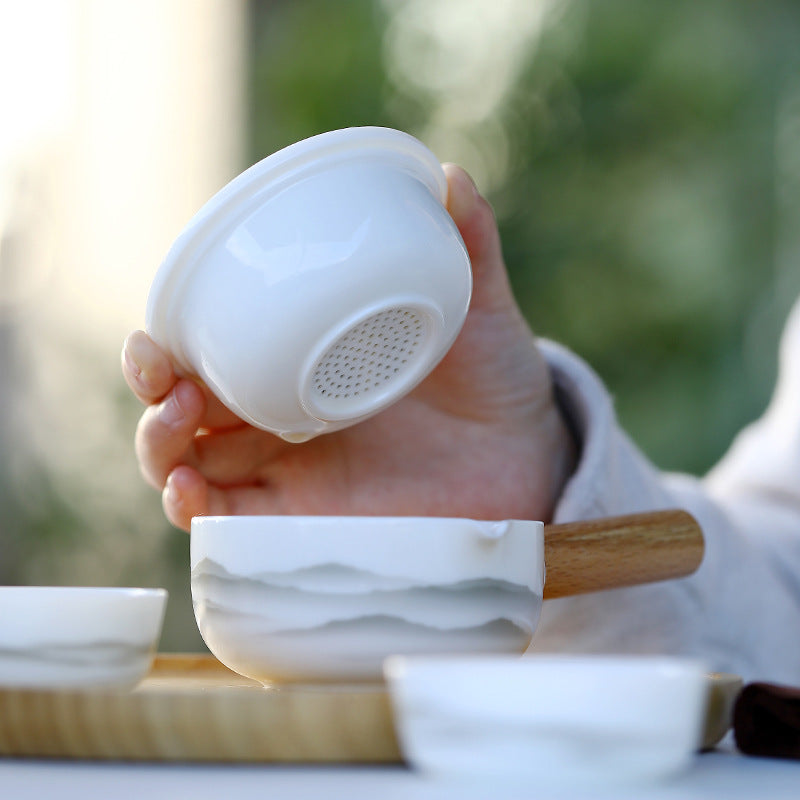 White Porcelain with Sheep Fat Jade | Snow-covered Distant Mountains | Portable Travel Tea Set