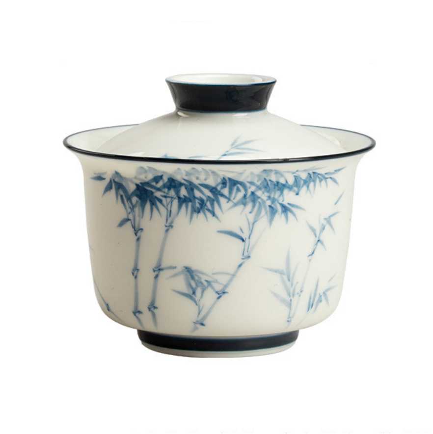 Jade Clay | Hand-painted Blue and white bamboo design | Cherishing jade Gaiwan - DH TEA