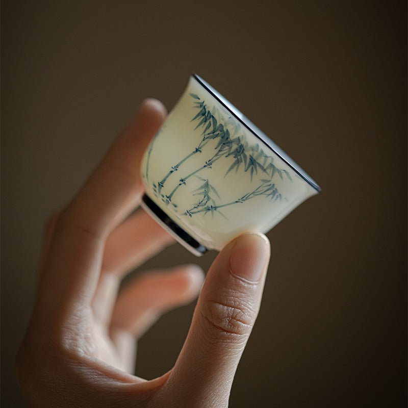 Jade clay | Hand-painted Blue and white bamboo design | Cherishing jade tea cup - DH TEA