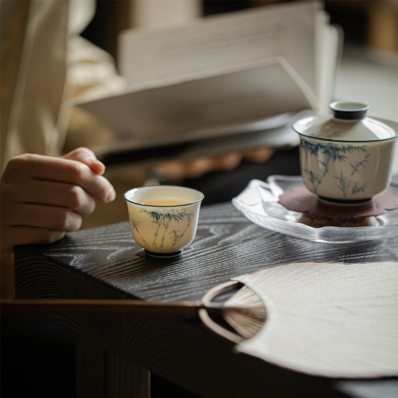 Jade clay | Hand-painted Blue and white bamboo design | Cherishing jade tea cup - DH TEA