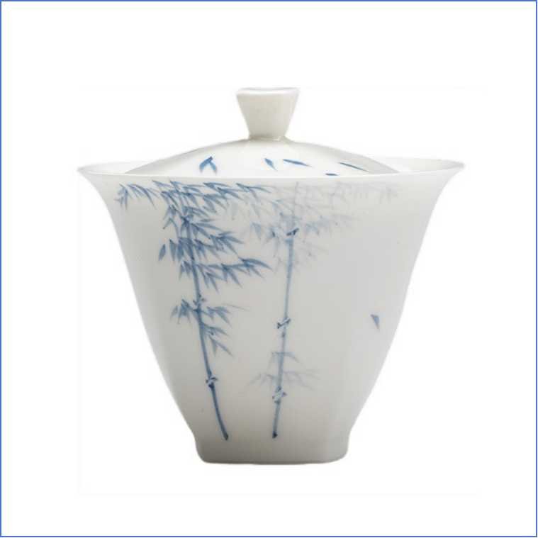 Jade Clay | Hand-painted Blue and White Bamboo Elegance | Square-lidded Gai Wan - DH TEA