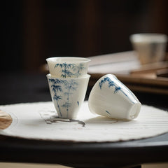 Jade Clay | Hand-painted Blue and White Bamboo Elegance | Square-lidded tea cup - DH TEA