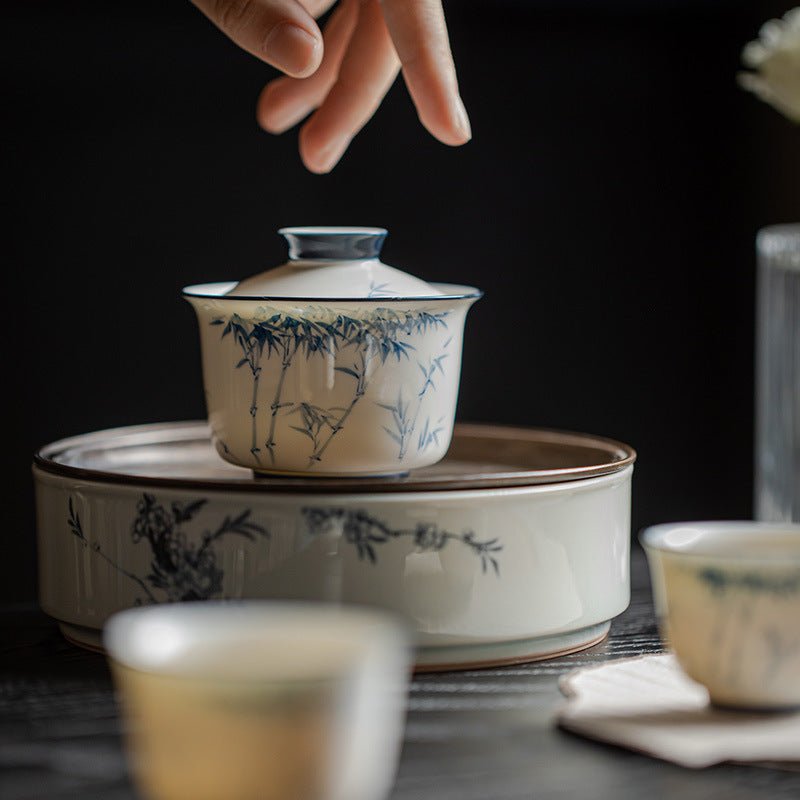 Jade Clay | Blue and white bamboo design | Cherishing jade Gaiwan - DH TEA