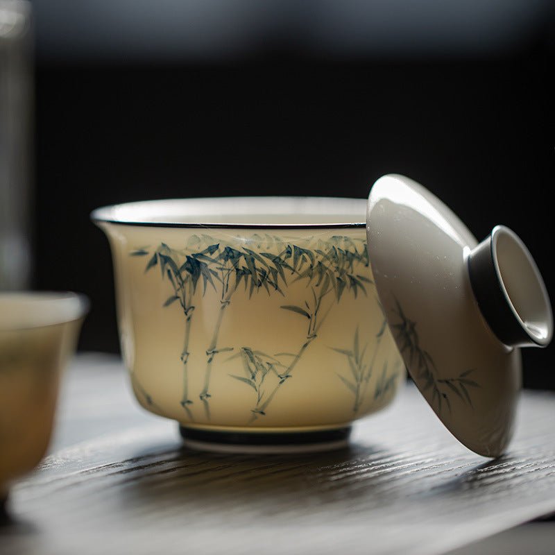 Jade Clay | Blue and white bamboo design | Cherishing jade Gaiwan - DH TEA